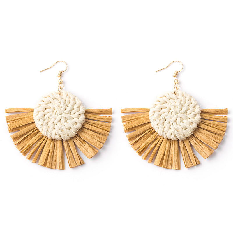 Wholesale Hand-woven Geometric Rattan Raffia Fan Earrings